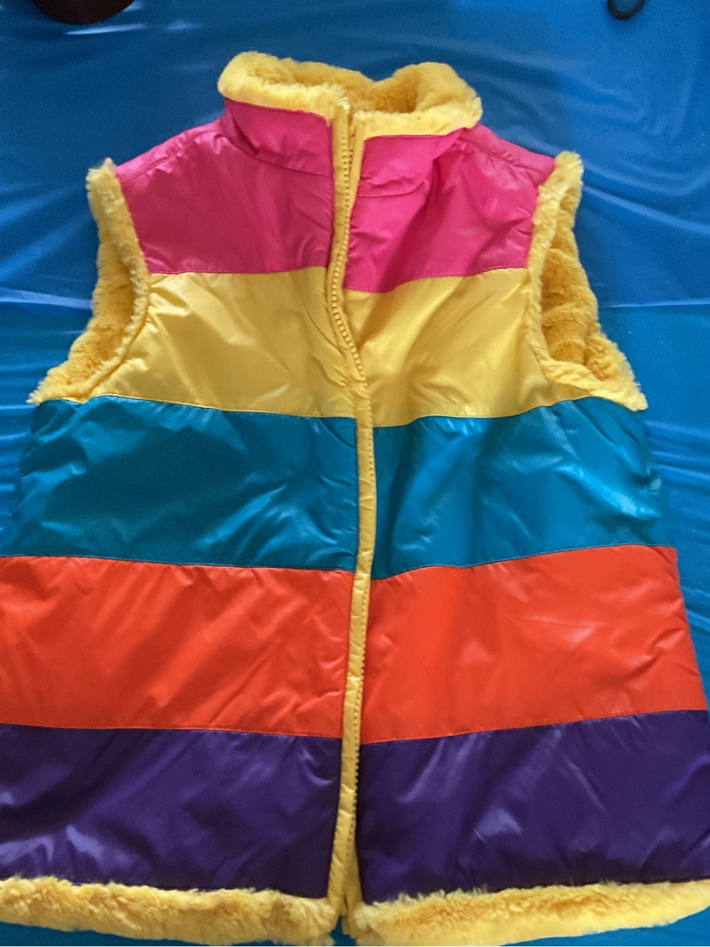 Hanna Andersson Rainbow Stripe Puffer Vest with Yellow Faux Fur
